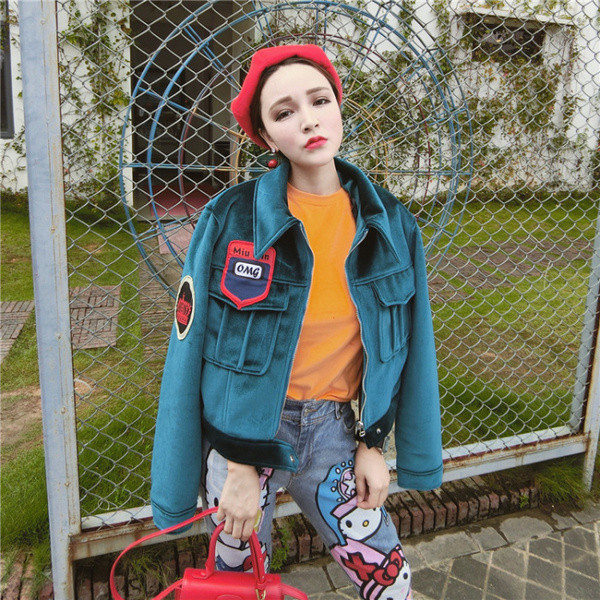 Jachetă nouă modernă de catifea pentru femei, cu embleme colorate