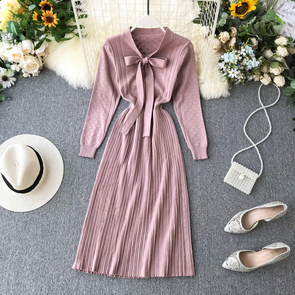 Rochie moderna de iarna de dama cu panglica in trei culori