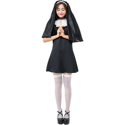 Színpadi női jelmez egy apáca halloween-re, fekete színben