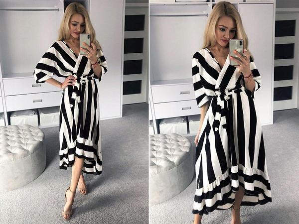 Rochie casual de dama model NOU cu maneci largi si cravate in negru