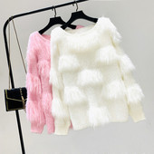 Női téli pulóver O-nyakú fehér, szürke és rózsaszín színekben