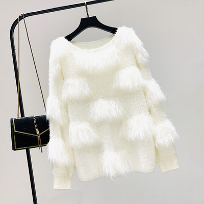 Női téli pulóver O-nyakú fehér, szürke és rózsaszín színekben