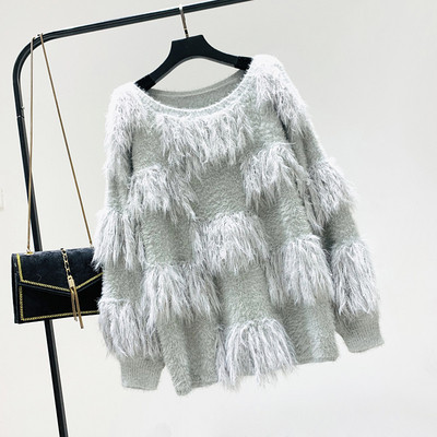 Női téli pulóver O-nyakú fehér, szürke és rózsaszín színekben