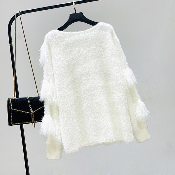 Női téli pulóver O-nyakú fehér, szürke és rózsaszín színekben