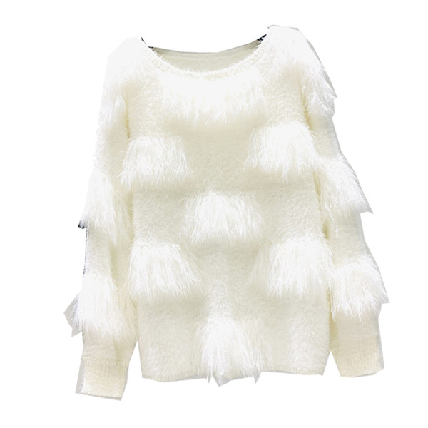 Női téli pulóver O-nyakú fehér, szürke és rózsaszín színekben