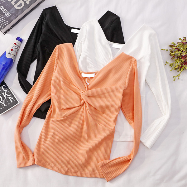 Bluză de damă cu decolteu în V și mâneci lungi în mai multe culori