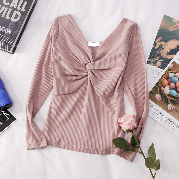 Bluză de damă cu decolteu în V și mâneci lungi în mai multe culori