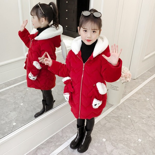 Geaca de iarna pentru copii model nou pentru fete cu gluga in rosu, roz si mov