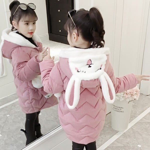 Geaca de iarna pentru copii model nou pentru fete cu gluga in rosu, roz si mov