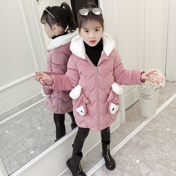 Geaca de iarna pentru copii model nou pentru fete cu gluga in rosu, roz si mov