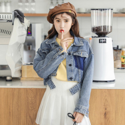 Jachetă de denim scurtă de actualitate pentru femei de culoare albastră