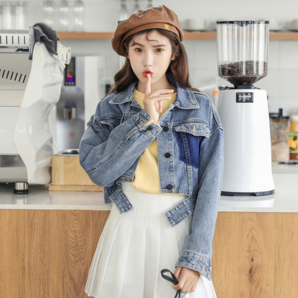 Jachetă de denim scurtă de actualitate pentru femei de culoare albastră