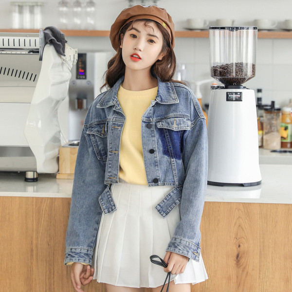 Jachetă de denim scurtă de actualitate pentru femei de culoare albastră