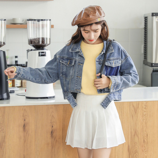 Jachetă de denim scurtă de actualitate pentru femei de culoare albastră