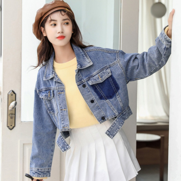 Jachetă de denim scurtă de actualitate pentru femei de culoare albastră