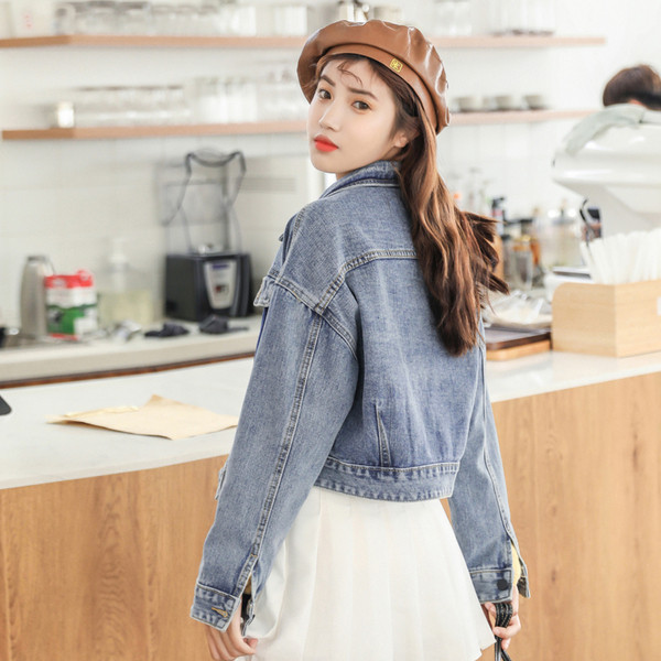 Jachetă de denim scurtă de actualitate pentru femei de culoare albastră