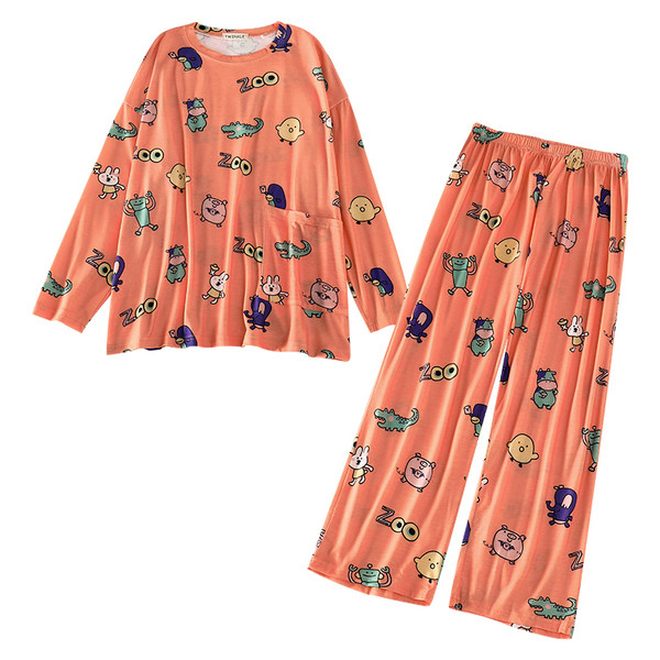 Színes, rózsaszín, narancssárga és sárga mintás női pizsama