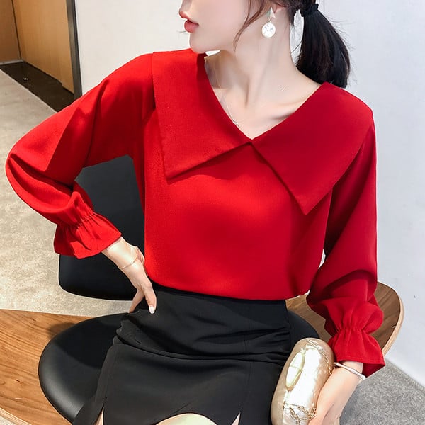 Elegáns női ing piros színben, spitz nyakkivágással