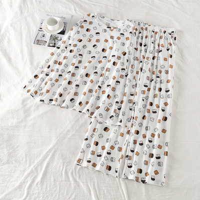 Pijamale de damă de toamnă cu model colorat în albastru, roz și alb