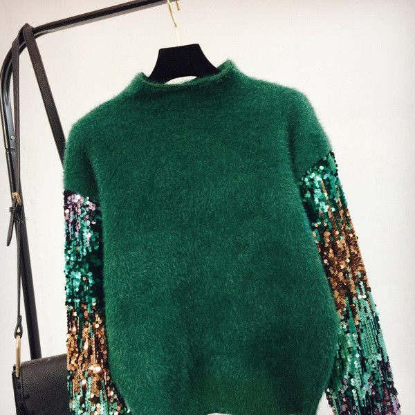 Χειμερινό γυναικείο πουλόβερ  με πούλιες στα μανίκια σε τρία χρώματα