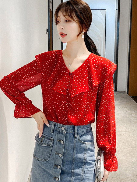 Naprakész, piros és fekete pöttyös női ing spitz nyakkivágással