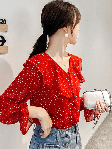 Naprakész, piros és fekete pöttyös női ing spitz nyakkivágással