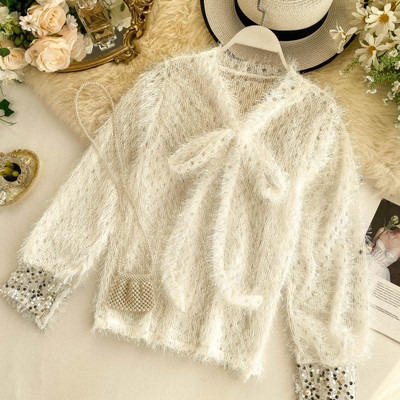 Modern női pulóver szalaggal és flitterekkel több színben