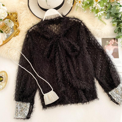 Modern női pulóver szalaggal és flitterekkel több színben