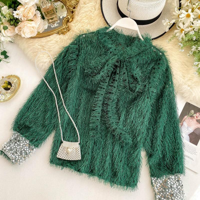 Modern női pulóver szalaggal és flitterekkel több színben