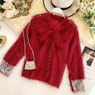 Modern női pulóver szalaggal és flitterekkel több színben