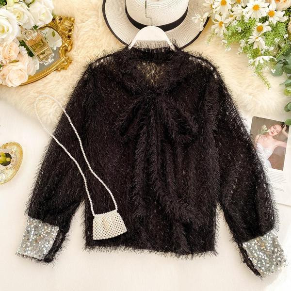 Modern női pulóver szalaggal és flitterekkel több színben