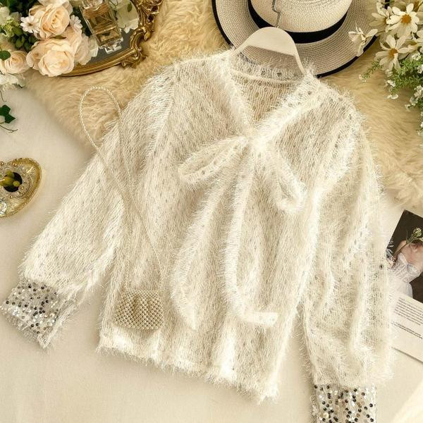 Modern női pulóver szalaggal és flitterekkel több színben