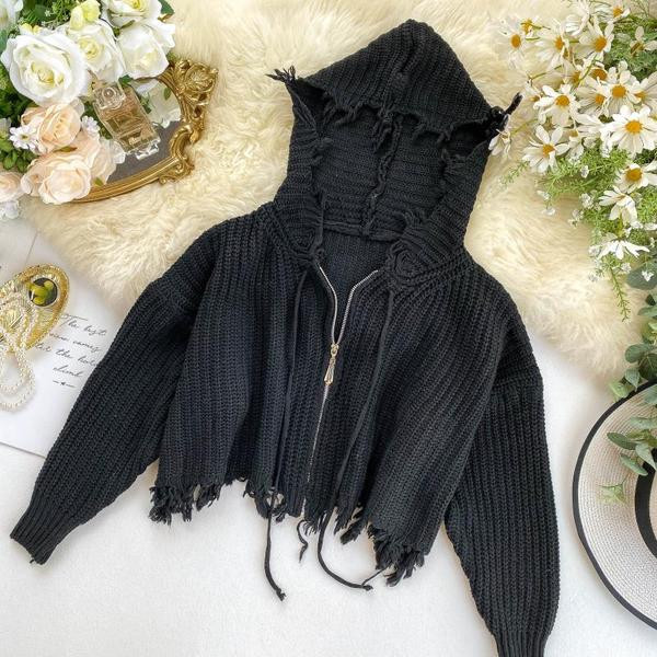 Kötött női pulóver rövid modell kapucnival, különböző színekben