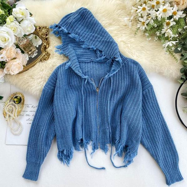 Kötött női pulóver rövid modell kapucnival, különböző színekben