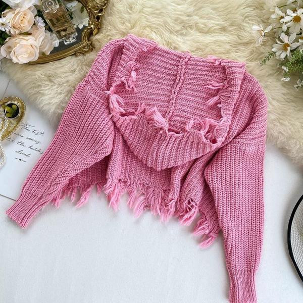 Kötött női pulóver rövid modell kapucnival, különböző színekben