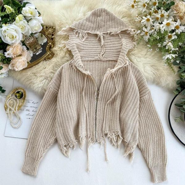 Kötött női pulóver rövid modell kapucnival, különböző színekben