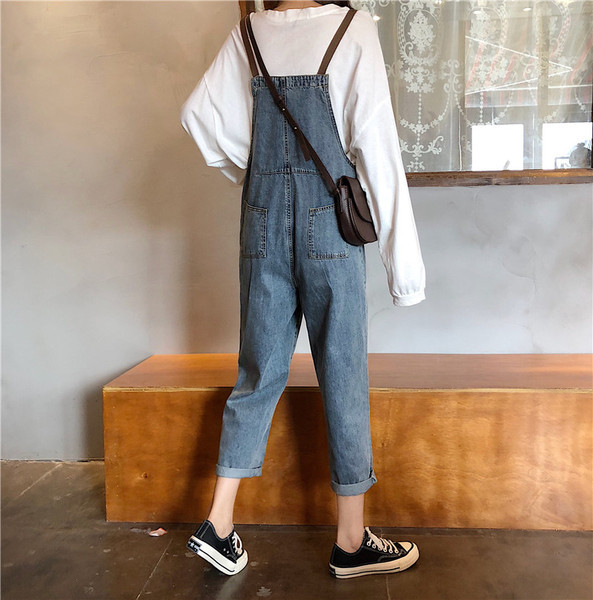 Salopetă lungă de damă casual din denim de culoare albastră