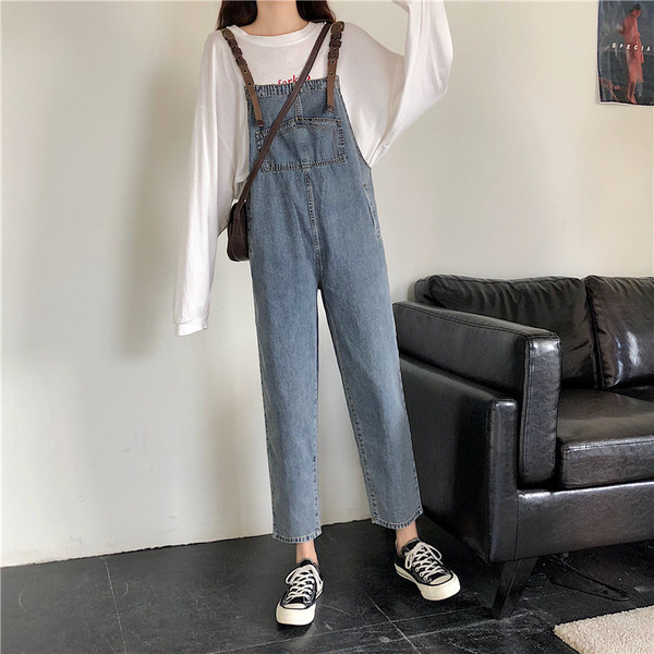 Salopetă lungă de damă casual din denim de culoare albastră