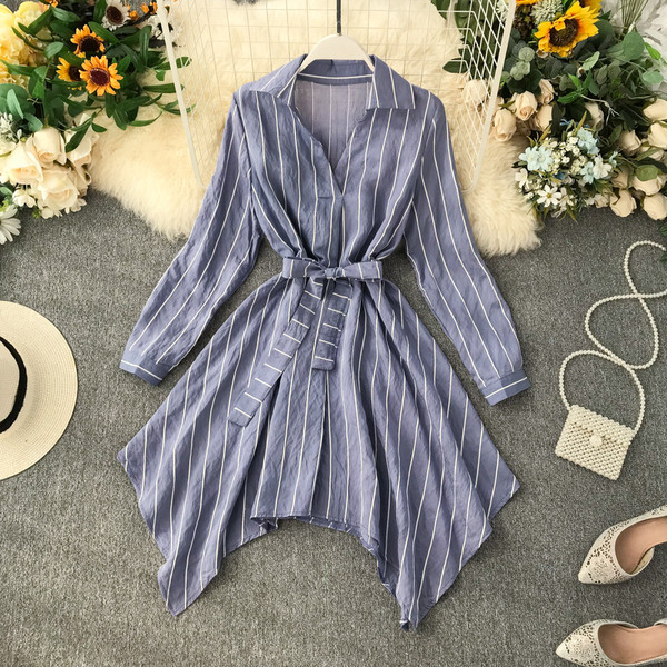 Rochie de dama asimetrica in dungi cu curea in mai multe culori