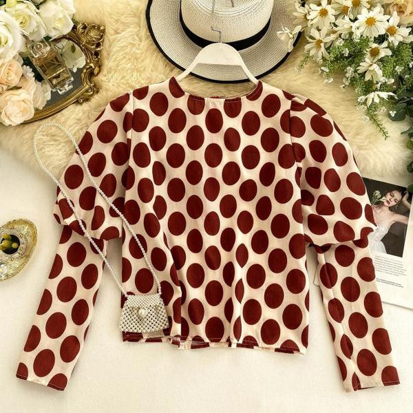 Modern női pöttyös blúz O-nyakkal, többféle színben