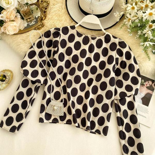 Modern női pöttyös blúz O-nyakkal, többféle színben