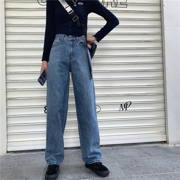 Blugi casual de dama in albastru cu model drept cu talie inalta