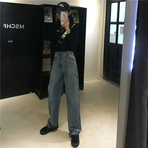 Blugi casual de dama in albastru cu model drept cu talie inalta