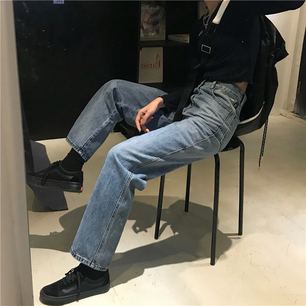 Blugi casual de dama in albastru cu model drept cu talie inalta