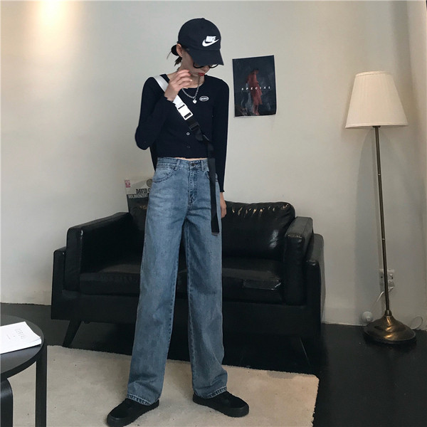 Blugi casual de dama in albastru cu model drept cu talie inalta