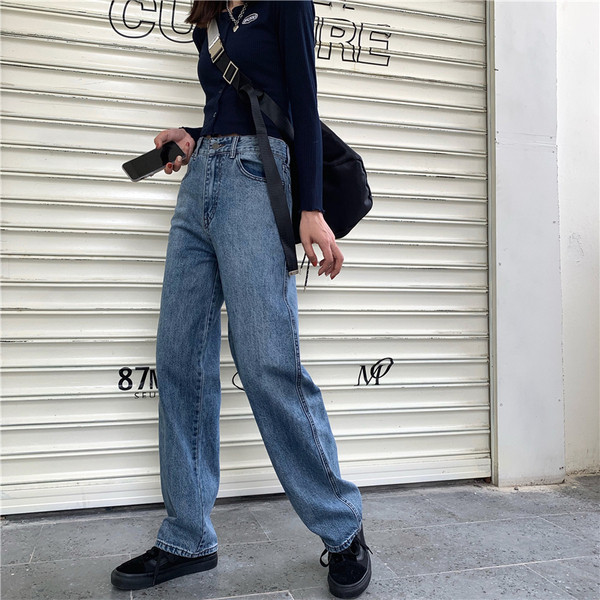 Blugi casual de dama in albastru cu model drept cu talie inalta