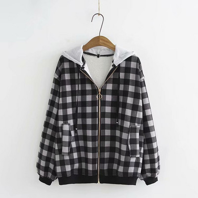 Hétköznapi női kockás pulóver kapucnival és nyakkendővel két színben