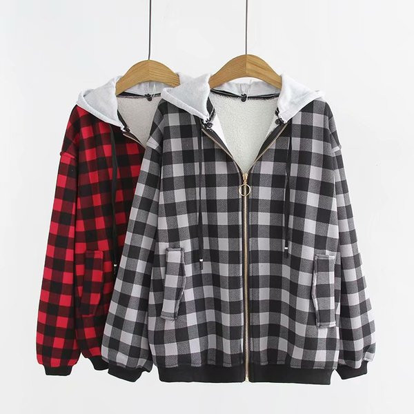 Hétköznapi női kockás pulóver kapucnival és nyakkendővel két színben