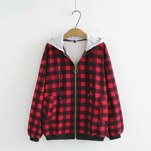 Hétköznapi női kockás pulóver kapucnival és nyakkendővel két színben