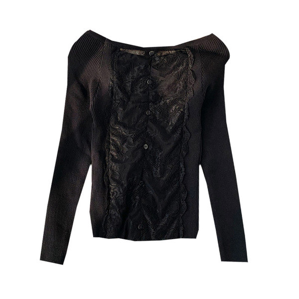 Modern női blúz csipkével és hosszú ujjú fekete színben